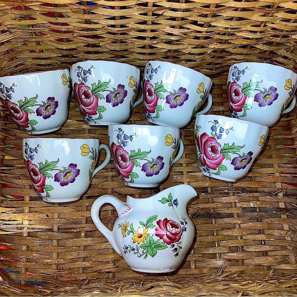 Spode Marlborough Sprays Floral Teacups and Creamer Holder